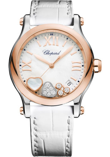 Chopard Happy Sport Happy Hearts Watch - 36.00 mm Rose Gold And Steel Diamond Case - Mother-of-Pearl Dial - White Strap