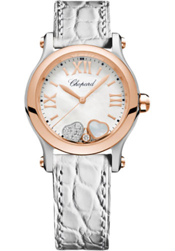 Chopard Happy Sport Happy Hearts Watch - 30.00 mm Rose Gold And Steel Diamond Case - Mother-of-Pearl Dial - White Strap