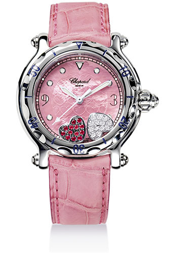 Chopard Happy Sport Happy Hearts Watch - Steel Diamond Case - Pink Mother-of-Pearl Dial - Leather Strap