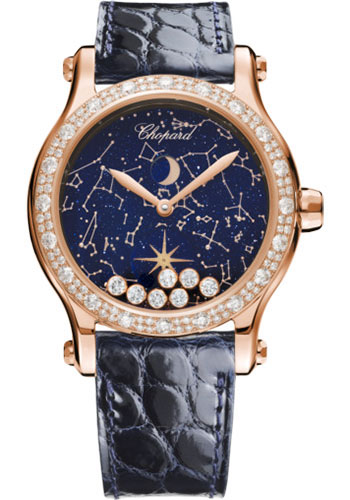 Chopard Happy Sport Happy Moon Watch - 36.00 mm Rose Gold Diamond Case - Aventurine Dial - Blue Strap