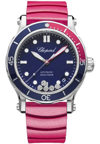Chopard Happy Sport Happy Ocean Watch - 40.00 mm Steel Diamond Case - Intense Blue Dial - Red Strap