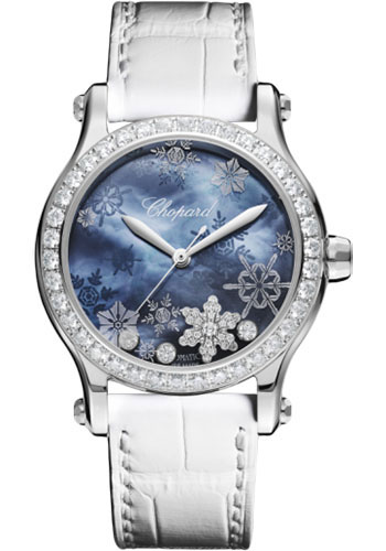 Chopard Happy Sport Happy Snowflakes Watch - 36.00 mm Steel Diamond Case - Diamond-Set Bezel - Blue Snowflakes Dial - White Strap
