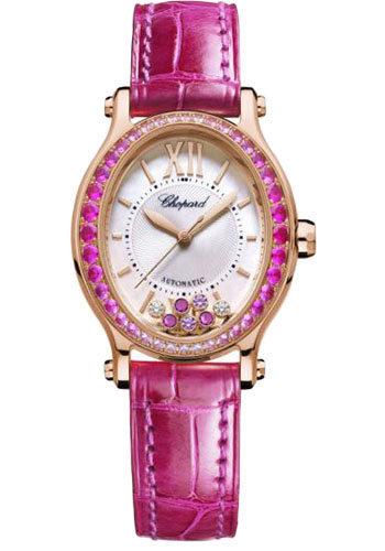 Chopard Happy Sport Oval Watch - 31.31 x 29.00 mm Rose Gold Diamond Case - Mother-Of-Pearl Dial - Pink Strap