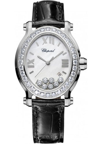 Chopard Happy Sport Oval Watch - 33.60 x 30.75 mm Steel Case - Diamond Bezel - Mother-of-Pearl Diamond Dial - Black Alligator Strap