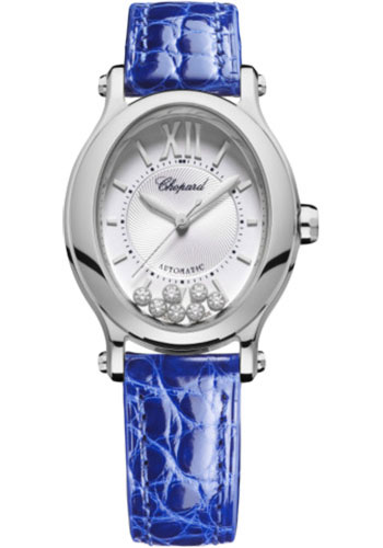 Chopard Happy Sport Oval Watch - 33.60 x 30.75 mm Steel Diamond Case - Silver Dial - Blue Strap