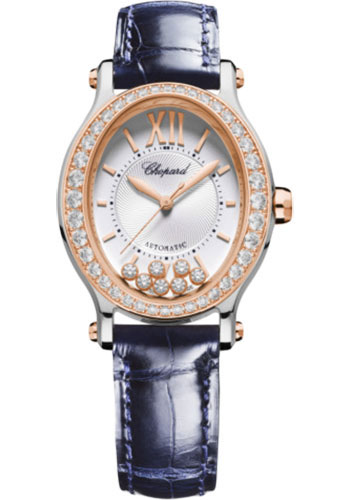 Chopard Happy Sport Oval Watch - 31.31 x 29.00 mm Rose Gold And Steel Diamond Case - Silver Dial - Blue Strap
