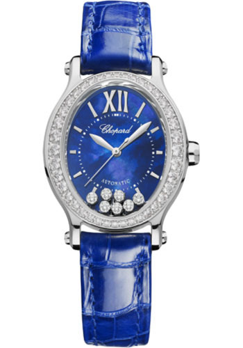 Chopard Happy Sport Oval Watch - 31.31 x 29.00 mm White Gold Diamond Case - Textured Mother-Of-Pearl Dial - Blue Strap