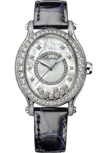 Chopard Happy Sport Oval Watch - 31.31 x 29.00 mm White Gold Diamond Case - Mother-Of-Pearl Dial - Blue Strap