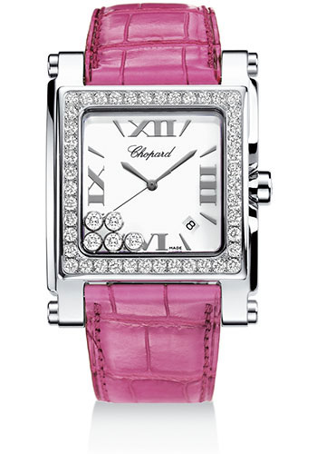 Chopard Happy Sport Square Watch - Extra large Steel Diamond Case - Diamond Bezel - Leather Strap