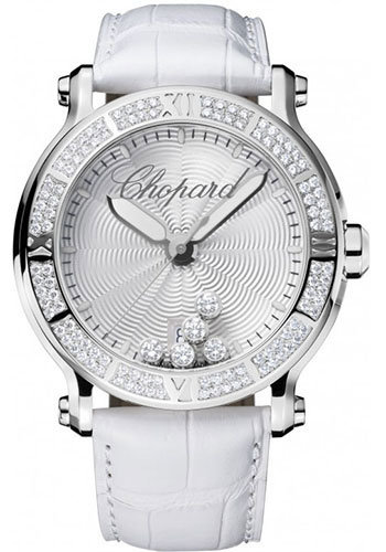 Chopard Happy Sport Watch - Extra large Steel Diamond Case - Diamond Bezel - Silver Dial - White Leather Strap
