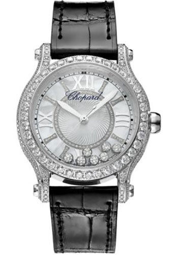 Chopard Happy Sport Watch - 36.00 mm White Gold Diamond Case - Mother-Of-Pearl Dial - Black Strap