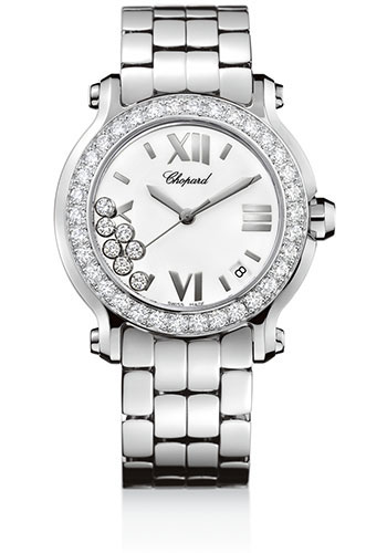 Chopard Happy Sport Round Watch - Medium Steel And White Gold Diamond Case - Diamond Bezel - White Dial - Steel Bracelet