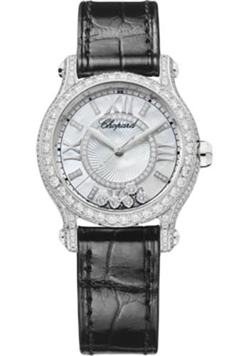 Chopard Happy Sport Watch - 30.00 mm White Gold Diamond Case - Mother-Of-Pearl Dial - Black Strap