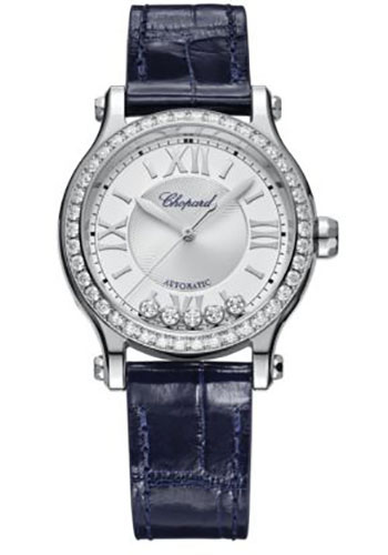 Chopard Happy Sport Watch - 33.00 mm Steel Diamond Case - Silver Dial - Blue Strap