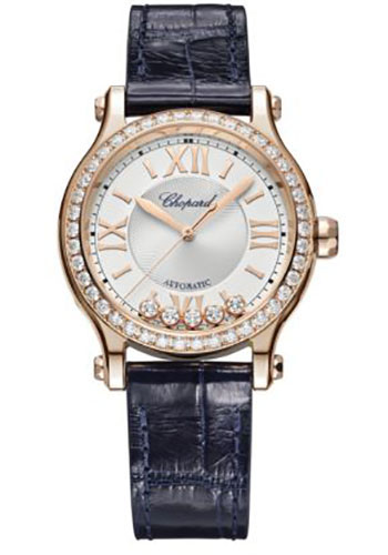 Chopard Happy Sport Watch - 33.00 mm Rose Gold Diamond Case - Silver Dial - Blue Strap