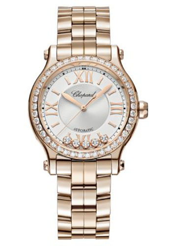 Chopard Happy Sport Watch - 33.00 mm Rose Gold Diamond Case - Silver Dial