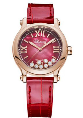 Chopard Happy Sport Watch - 33.00 mm Rose Gold Diamond Case - Red Textured Mother-Of-Pearl Dial - Red Strap