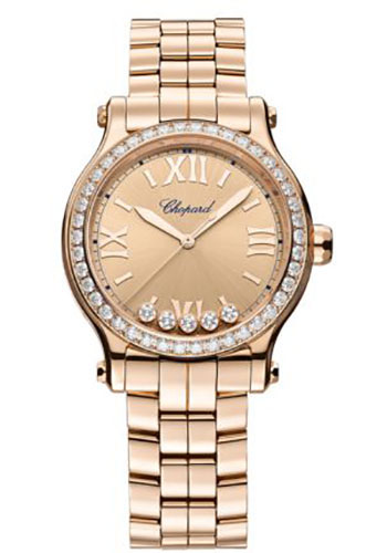 Chopard Happy Sport Watch - 33.00 mm Rose Gold Diamond Case - Rose Gold-Toned Dial
