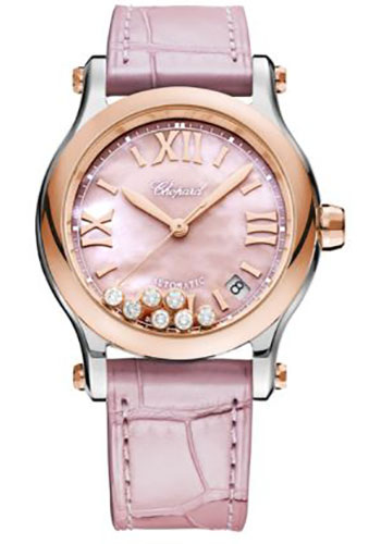 Chopard Happy Sport Watch - 36.00 mm Rose Gold Diamond Case - Pink Textured Mother-Of-Pearl Dial - Pink Strap