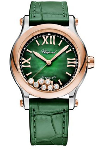 Chopard Happy Sport Watch - 36.00 mm Rose Gold Diamond Case - Green Textured Mother-Of-Pearl Dial - Green Strap