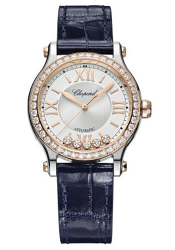 Chopard Happy Sport Watch - 33.00 mm Steel and Rose Gold Diamond Case - Silver Dial - Blue Strap