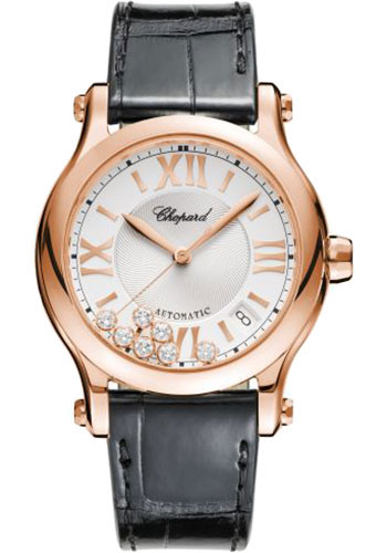Chopard Happy Sport Round Watch - 36.00 mm Rose Gold Diamond Case - Silver- Dial - Black Strap