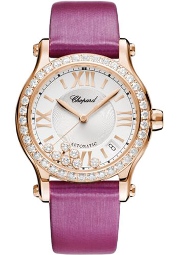 Chopard Happy Sport Round Watch - 36.00 mm Rose Gold Diamond Case - Diamond-Set Bezel - Silver- Dial - Black Strap