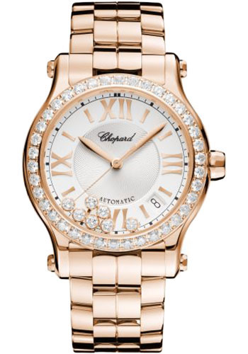 Chopard Happy Sport Round Watch - 36.00 mm Rose Gold Diamond Case - Diamond-Set Bezel - Silver- Dial