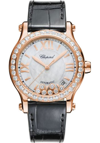Chopard Happy Sport Round Watch - 36.00 mm Rose Gold Diamond Case - Diamond-Set Bezel - Mother-of-Pearl Dial - Black Strap