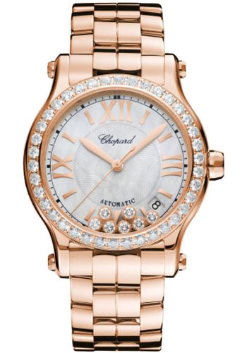 Chopard Happy Sport Round Watch - 36.00 mm Rose Gold Diamond Case - Diamond-Set Bezel - Mother-of-Pearl Dial