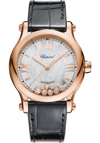 Chopard Happy Sport Round Watch - 36.00 mm Rose Gold Diamond Case - Mother-of-Pearl Dial - Black Strap