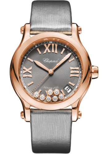 Chopard Happy Sport Round Watch - 36.00 mm Rose Gold Diamond Case - Gray Brushed Dial - Silver Strap