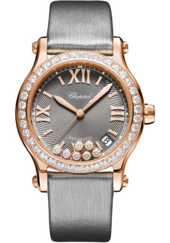 Chopard Happy Sport Round Watch - 36.00 mm Rose Gold Diamond Case - Diamond-Set Bezel - Gray Brushed Dial - Silver Strap