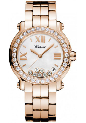 Chopard Happy Sport Medium Watch - 36 mm Rose Gold Case - Diamond Bezel - Mother-of-Pearl Diamond Dial