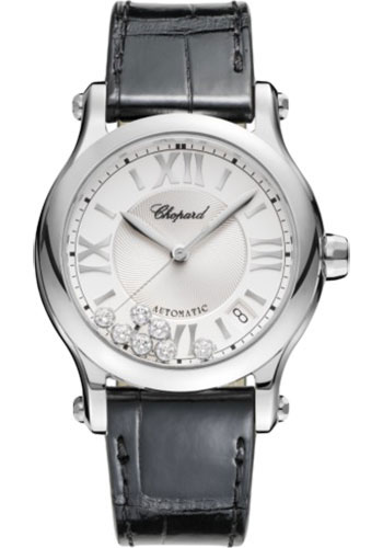 Chopard Happy Sport Round Watch - 36.00 mm Steel Diamond Case - Silver Dial - Black Strap
