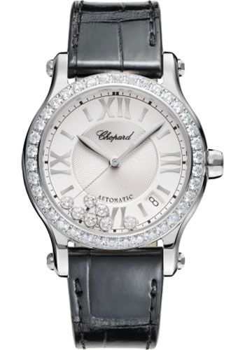 Chopard Happy Sport Round Watch - 36.00 mm Steel Diamond Case - Diamond-Set Bezel - Silver Dial - Black Strap
