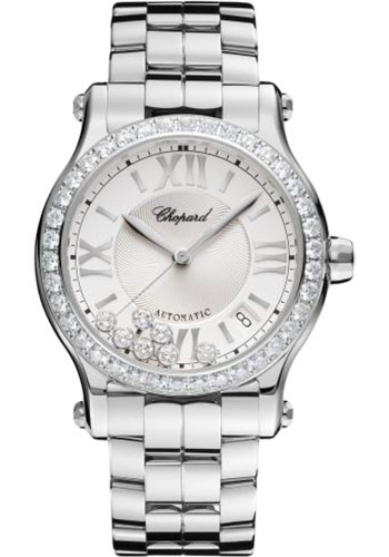 Chopard Happy Sport Round Watch - 36.00 mm Steel Diamond Case - Diamond-Set Bezel - Silver Dial