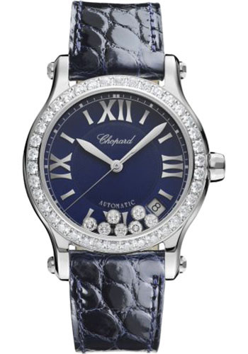 Chopard Happy Sport Round Watch - 36.00 mm Steel Diamond Case - Diamond-Set Bezel - Blue Dial - Blue Strap