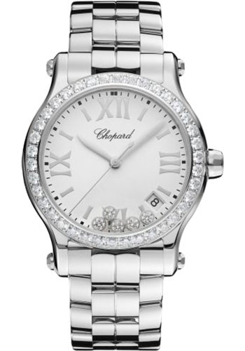 Chopard Happy Sport Round Watch - 36.00 mm Steel Diamond Case - Diamond-Set Bezel - Mat White Dial