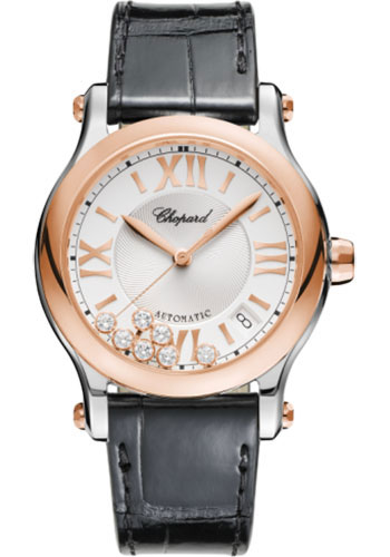 Chopard Happy Sport Round Watch - 36.00 mm Rose Gold And Steel Case - Silver Dial - Black Strap