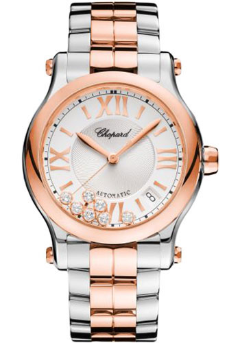 Chopard Happy Sport Round Watch - 36.00 mm Rose Gold And Steel Case - Silver Dial