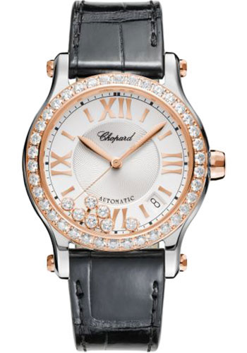Chopard Happy Sport Round Watch - 36.00 mm Rose Gold And Steel Diamond Case - Diamond-Set Bezel - Silver Dial - Black Strap