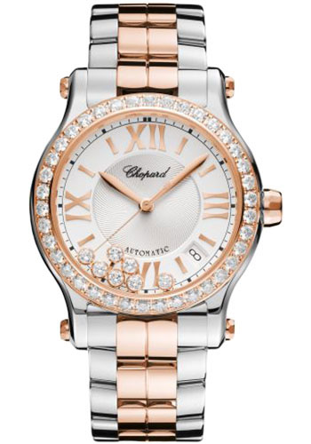 Chopard Happy Sport Round Watch - 36.00 mm Rose Gold And Steel Diamond Case - Diamond-Set Bezel - Silver Dial