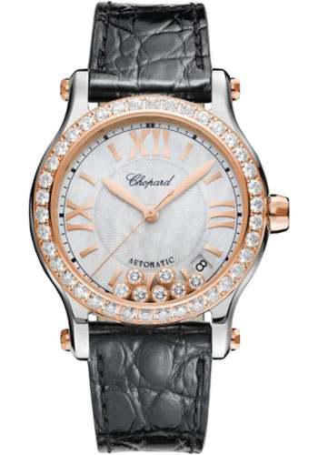 Chopard Happy Sport Round Watch - 36.00 mm Rose Gold And Steel Diamond Case - Diamond-Set Bezel - Mother-Of-Pearl Dial - Black Strap