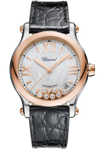 Chopard Happy Sport Round Watch - 36.00 mm Rose Gold And Steel Case - Mother-Of-Peal Dial - Black Strap