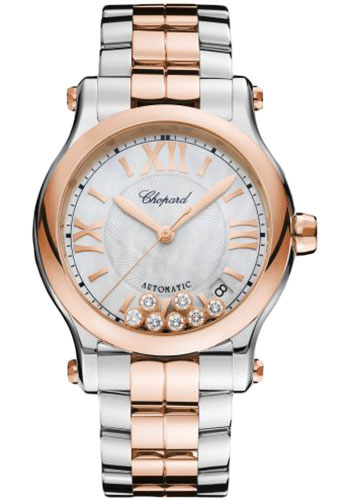 Chopard Happy Sport Round Watch - 36.00 mm Rose Gold And Steel Case - Mother-Of-Peal Dial