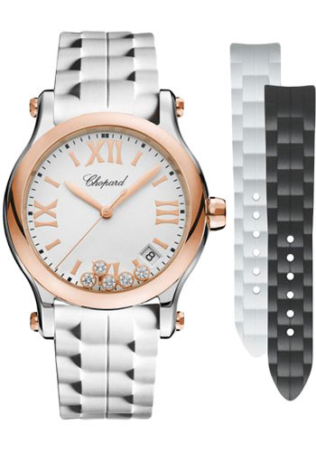 Chopard Happy Sport Round Watch - 36.00 mm Rose Gold And Steel Case - Mat White Dial - Black Strap