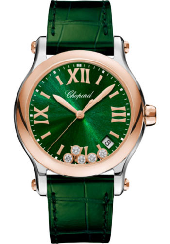 Chopard Happy Sport Round Watch - 36.00 mm Rose Gold And Steel Case - Green Dial - Green Strap