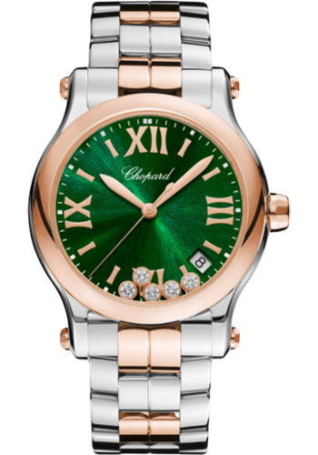 Chopard Happy Sport Round Watch - 36.00 mm Rose Gold And Steel Case - Green Dial