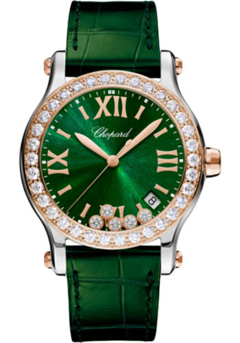 Chopard Happy Sport Round Watch - 36.00 mm Rose Gold And Steel Diamond Case - Green Dial - Green Strap
